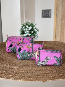 Block Printed Floral Zipper Women Makeup Bag Soft Handle Eco-Friendly Lightweight Vintage Style Multifunction Customizable - Product Image 3