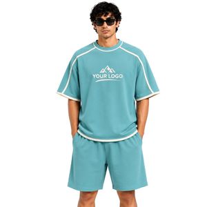 Aqua Blue Mens Oversized T Shirt And Shorts <b>Set</b> White Contrast Piping Customized Logo Crew Neck Casual Streetwear Wholesale - Product Image 1