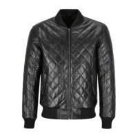 Blouson bomber matelassé en cuir véritable noir pour homme, col rabattu, respirant, fermeture éclair, coupe classique, idéal pour l'automne