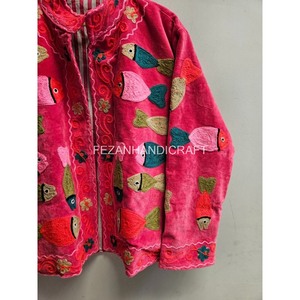 Pink Velvet Quilted <b>Jacket</b> Fish Embroidery Handmade Winter Autumn Unisex Stand Collar Boho <b>Hippie</b> Style - Product Image 6