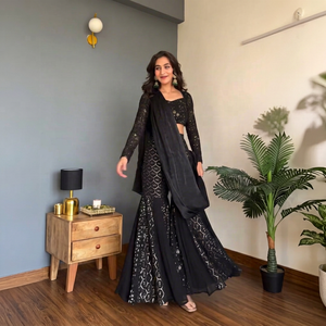 Sari Shara negro bordado de estilo indio-pakistaní para mujer, ideal para fiestas, con un ajuste tradicional y étnico. - Product Image 1