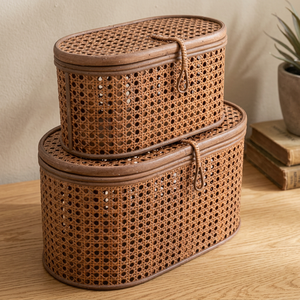 Oval Natural Rattan Storage <b>Baskets</b> with Lid <b>Stackable</b> Rustic Design for Sundries Organization - Product Image 1