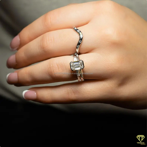 <b>Emerald</b> Cut Moissanite Three Stone Engagement <b>Ring</b> 925 Sterling <b>Silver</b> Vintage Style Prong Setting Tapered Baguette Side Stones - Product Image 2