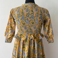 Robe longue maxi sans manches pour femme, 100% coton tissé, imprimé artisanal, col en V vintage, style bohème floral à volants, été automne, naturel