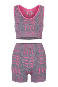 Ensemble de vêtements de sport pour femmes en tricot, haut court à col en V, short au-dessus du genou, imprimé géométrique, respirant, vêtements de sport pour la salle de sport - Product Image 6
