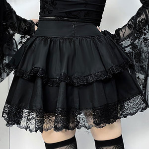 Customized Women's Mini Gothic Skirt Tie <b>Waist</b> Lace Up Double Layered Ruffles Skirt Set with <b>Chain</b> OEM ODM - Product Image 3