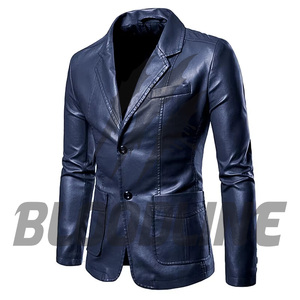 Men's Burgundy PU Leather Blazer Slim Fit Turn-<b>down</b> Collar Single Breasted Smart Casual Jacket Autumn Wear - Product Image 4