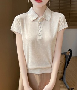 T-shirt décontracté d'été pour femme en maille Oxford unie avec col, manches courtes, anti-plis et séchage rapide - Product Image 3