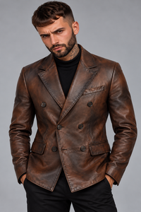 Blazer de Cuero Marrón Desgastado de Lujo para Hombre, Doble Botonadura, Solapa con Muescas, Chaqueta de Traje Retro para Negocios, Ajuste Premium a Medida, OEM - Product Image 3