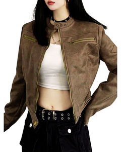 Zipper Closure Motorcycle <b>Jacket</b> with Regular Sleeves Polyester Zipper <b>Jacket</b> Thick V-neck Genuine Zipper Leather <b>Jacket</b> - Product Image 3