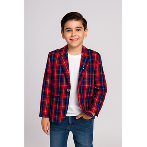 เสื้อเบลเซอร์ลายสก็อตสีแดงน้ำเงินสำหรับเด็กผู้ชาย สไตล์เป็นทางการ - Product Image 1
