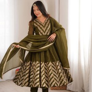 Women Pure Roman Cotton Embroidered Gown <b>Pant</b> Set with Soft Organza Dupatta | <b>Sequin</b> Thread Work Designer Ethnic Wear | Party We - Product Image 3