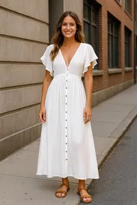 Vestido maxi bohemio blanco para mujer, con escote en V profundo, mangas con volantes, botones en la parte delantera, estilo fluido y largo, ideal para el verano. - Product Image 4