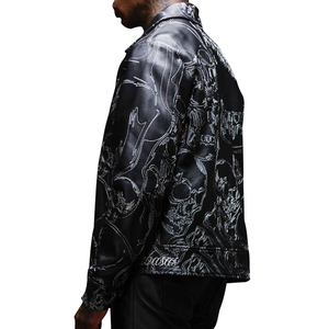 Veste d'hiver en cuir noir surdimensionnée à fermeture éclair, coupe ample, en cuir épais rembourré en coton, entièrement brodée, personnalisée OEM - Product Image 4