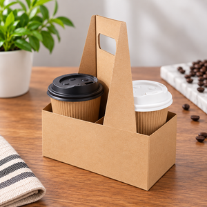 Support de tasse à café en papier kraft EcoRev biodégradable avec poignée, support jetable enduit de PE pour boissons chaudes à emporter - Product Image 2