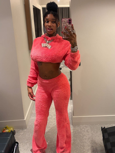 Conjunto Deportivo de Terciopelo Rosa Coral para Mujer, Sudadera Corta y Pantalones Anchos de Pierna, Conjunto de 2 Piezas, Ropa Deportiva Informal - Product Image 2