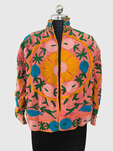 Veste à col mandarin en coton brodée à la main avec des motifs floraux, manches longues, longueur normale, pour femmes adultes, style Prairie Chic, idéale pour le printemps - Product Image 1
