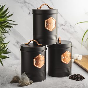 Metal <b>Black</b> & Copper Labelled Containers for Tea Coffee Sugar <b>Canisters</b> for <b>Kitchen</b> - Product Image 6