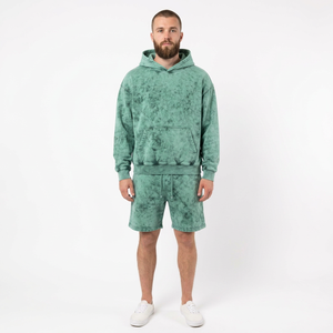 Custom <b>Men's</b> <b>Hoodie</b> <b>And</b> <b>Shorts</b> <b>Set</b> Heavy Brushed Fleece Two Piece Streetwear Outfit With Woven Label Graphic Elastic Waist - Product Image 3