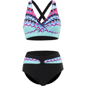 Women Geometric Print <b>Bikini</b> <b>Set</b> <b>Push</b>-<b>Up</b> Top High Waist Bottom Swimwear Twisted Halter Design Spandex Polyester - Product Image 3