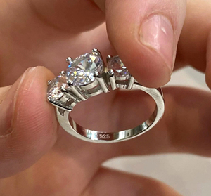 Classic Three Stone <b>925</b> <b>Silver</b> Rhodium Plated 6mm Faceted Cut Princess Cut Cubic Zirconia Prong Setting Unisex Engagement <b>Ring</b> - Product Image 4