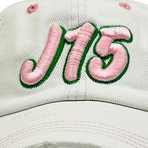 White Distressed Denim Baseball <b>Cap</b> with Pink J15 Embroidered Letter Design Adjustable Vintage Cotton Casual Outdoor Unisex <b>Hat</b> - Product Image 5