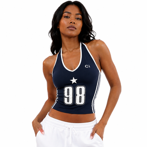 Top corto con cuello halter azul elegante, camisa con estampado de números gráficos personalizados para mujer, camiseta sin mangas con cuello en V, camiseta sin mangas de verano Y2K American Vintage Varsity - Product Image 1