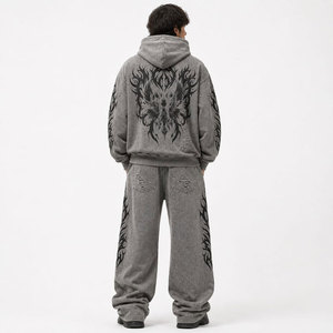 Conjunto Deportivo con Capucha Gris Oscuro para Hombre con Estampado de Calavera Morada y Grafiti, Estilo Urbano, Pantalones y Sudadera Largos - Product Image 6