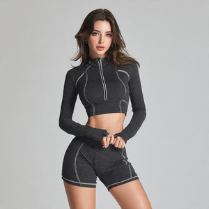 Conjunto Deportivo de Dos Piezas para Mujer, Chaqueta de Yoga Corta Sublimada, Pantalones Cortos Elásticos de Cintura Alta, Ropa Deportiva para Gimnasio - Product Image 6