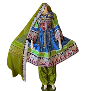Classic Afghan Kuchi Dress Multi Color <b>Mirror</b> Work Chest Piece Intricate Silver Border Embroidery Traditional Afghan Kuchi Dress - Product Image 1