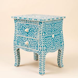 Table de chevet artisanale en os incrusté avec tiroir à motif floral, meuble indien poli sur mesure pour usage en ferme. - Product Image 4