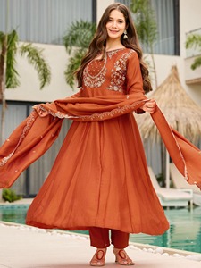 Luxury Rust Orange Silk Georgette Anarkali Gown Suit Heavy Silver Embroidery Flared Frock Style Kurta Pant Indian Pakistani Wedd - Product Image 5