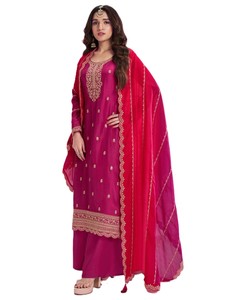 Salwar Kameez semi-cousu en soie unie brodé pour femme, avec travail au fil doré, tenue traditionnelle indienne et pakistanaise pour mariage et fiançailles - Product Image 1