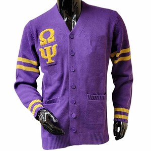 Cardigan tricoté violet à col en V avec Omega |   Psi |   Pull classique à manches longues pour femme avec broderie Phi et rayures jaunes - Product Image 1