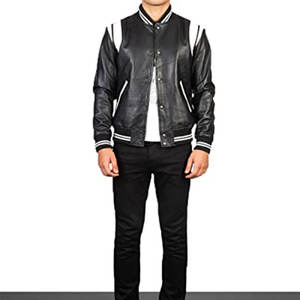 Veste universitaire en cuir élégante avec un design bicolore, des détails côtelés et des boutons-pression sécurisés sur le devant - Product Image 5