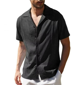 Chemise en lin décontractée pour homme, style cubain, couleur unie, manches courtes, chemise de plage, vêtements d'été - Product Image 1