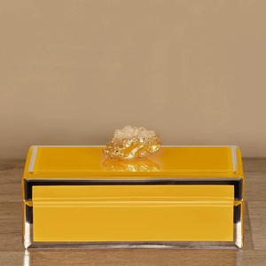 Amber Yellow Glass Jewelry Storage Box with <b>Crystal</b> <b>Cluster</b> Knob Gold Tone Finish Beveled Edges Decorative Keepsake Organizer - Product Image 1