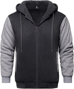 Sweat-shirt à capuche noir avec manches grises et bordure contrastante, fermeture éclair intégrale, vêtement décontracté pour adultes, usage promotionnel hiver - Product Image 1