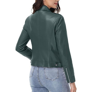 Chaqueta Bomber de Cuero Genuino para Mujer, Color Sólido, Cierre de Cremallera, Manga Larga, Cuello Alto, Estilo Otoñal, Tejido Transpirable - Product Image 2