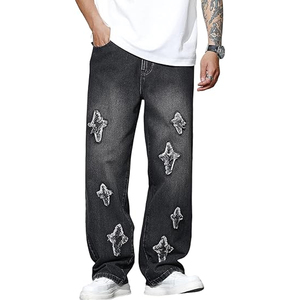 Jean en denim noir délavé coupe ample pour homme, jambe large, style décontracté urbain streetwear - Product Image 1