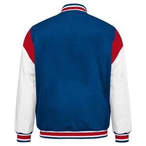 Blouson universitaire homme bleu, blanc et rouge à blocs de couleur, col rond, simple boutonnage, coupe droite, en toile, style streetwear - Product Image 3