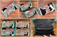 Dompet Kulit Sapi Asli Berkualitas Tinggi Desainer, Dompet Kulit Vintage Turquoise dengan Ukiran Tangan, Dompet Kartu Kulit Asli dengan Tali Pergelangan Tangan