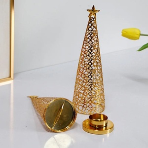 Golden Finish Cone Christmas <b>Tree</b> Candle Holders Hollow Metal Design With <b>Star</b> Topper <b>For</b> Holiday Table Decor & Winter Gifting - Product Image 5