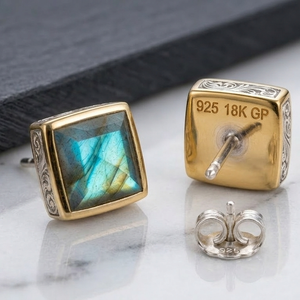 Labradorite Cushion Cut Earrings 10MM 925 <b>Sterling</b> <b>Silver</b> 18K Gold Plated Handmade Jewelry Everyday Wear Gift for Her - Product Image 2