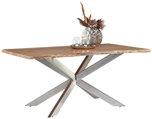 Table à manger de style industriel en acier inoxydable avec plateau en bois d'acacia à bords naturels et pieds en forme d'araignée pour la maison, la cuisine, le restaurant, le bureau - Product Image 1