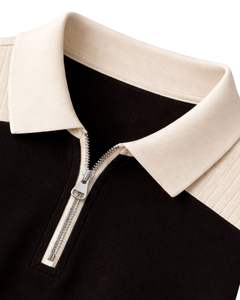 เสื้อโปโลผู้ชายสีดำและสีเบจ คอซิป แขนสั้น ผ้าถักลำลอง แต่งสีบล็อก ผลิตตามสั่ง สำหรับฤดูร้อน ขายส่ง ไซส์ XL - Product Image 6