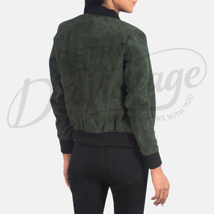 Women Dark Green Genuine Suede <b>Leather</b> Bomber <b>Jacket</b> Slim Fit Premium Goat Suede Casual Winter Varsity Outerwear Coat - Product Image 2