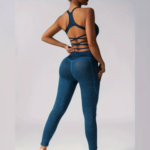 Mid Waist Blue <b>Leggings</b> <b>Pockets</b> Ankle-Length Vintage Sporty Stretch Breathable Quick Dry Compression Tummy Control Seamless - Product Image 6