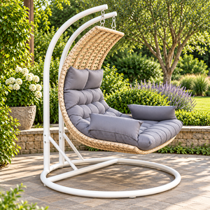 Outdoor Rattan <b>Hanging</b> <b>Chair</b> With Gray Cushions Contemporary Patio Swing For 1 Person - Product Image 1