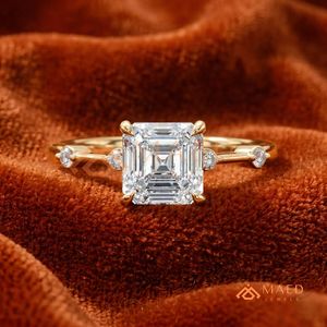 Classic Asscher Cut <b>Solitaire</b> <b>Ring</b> in 14kt Yellow Gold – Multi-Stone Accented Bridal Band - Product Image 1